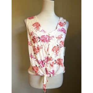 Lucky Brand Small Boho Cottage Core Wins Romantic Pink Red Floral Button Tie Top